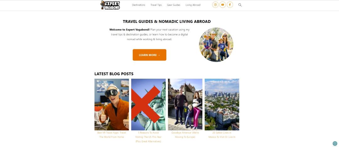 Expert Vagabond website design with content grid, CTA, and digital storytelling layout