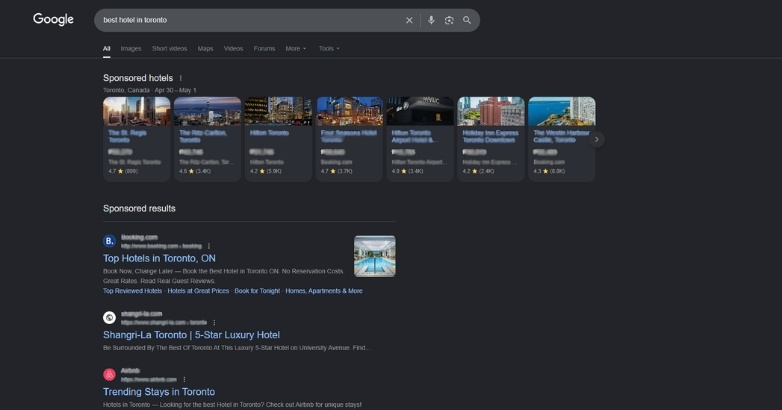 Google Hotel Ads results showing hospitality advertising and search engine marketing strategy