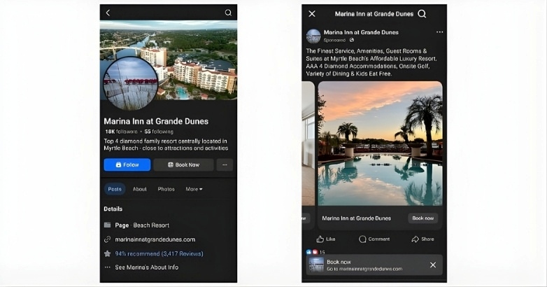 Paid social ads promoting hotel bookings and hospitality marketing campaigns