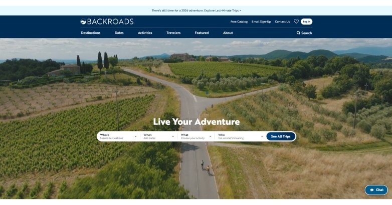 Travel website design for Backroads featuring adventure trips, search filters, and scenic destinations