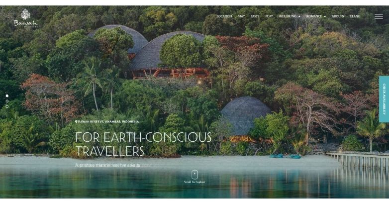 Travel website design for Bawah Reserve showcasing eco-luxury stays and nature experiences