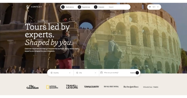 Travel website design for Context Travel featuring expert-led tours and personalized experiences