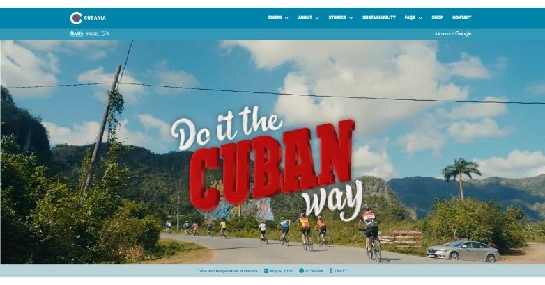Travel website design for Cubania Travel featuring Cuba tours, bold visuals, and immersive storytelling