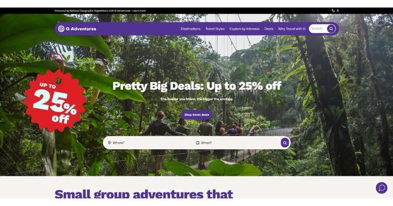 Travel website design for G Adventures featuring deals, destination search, and small group tours