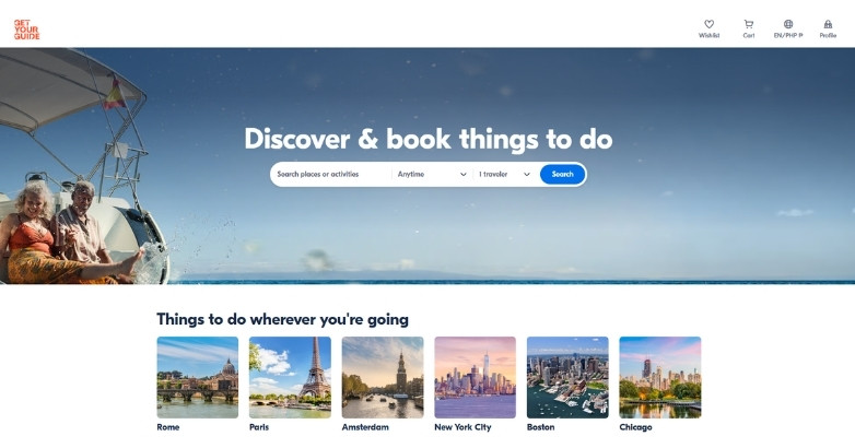 Travel website design for GetYourGuide with activity search, booking, and destination discovery