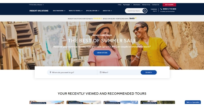 Travel website design for Insight Vacations featuring guided tours, search, and promotional offers