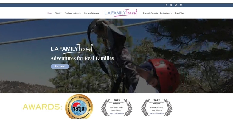 Family-focused travel website design for L.A. Family Travel featuring adventures, guides, and awards