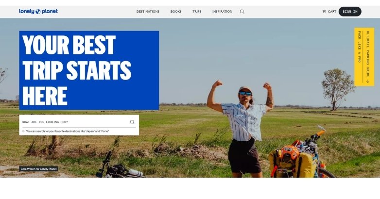 Lonely Planet website design with bold headline, search bar, and conversion-focused hero UX