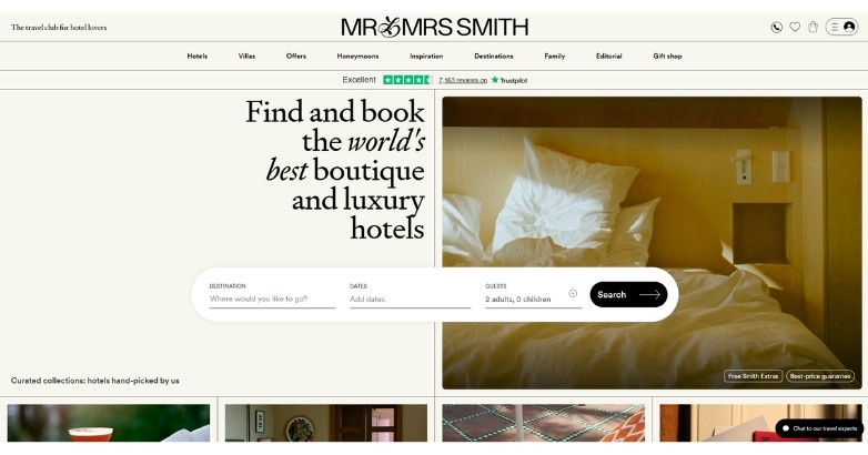 Travel website design for Mr & Mrs Smith featuring boutique hotels and luxury booking experience