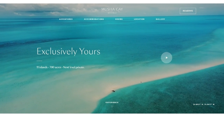 Luxury travel website design featuring Musha Cay’s exclusive private island experience and ocean view