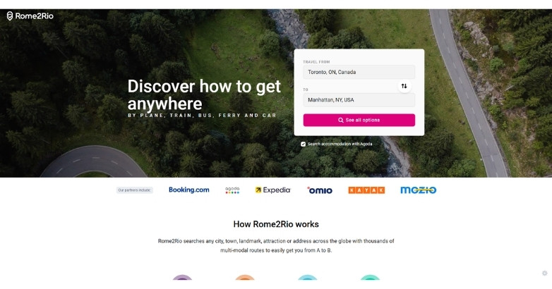 Travel website design for Rome2Rio featuring route planning and multi-transport search