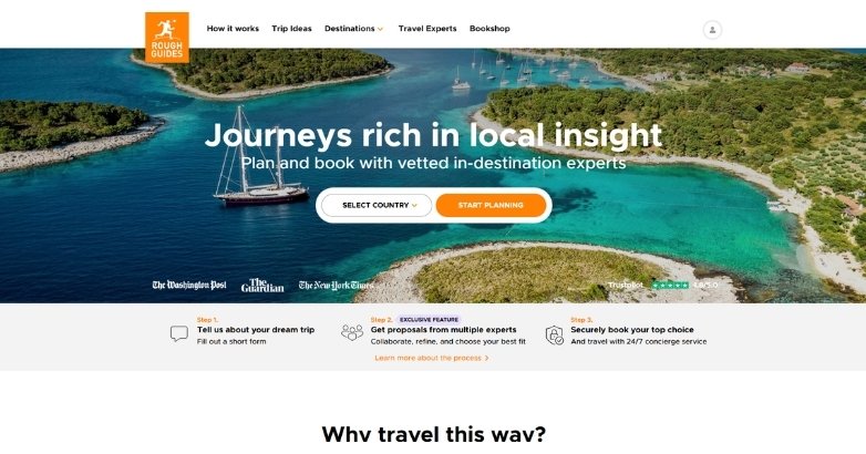 Rough Guides website design with coastal hero, CTA, and expert-led booking UX layout