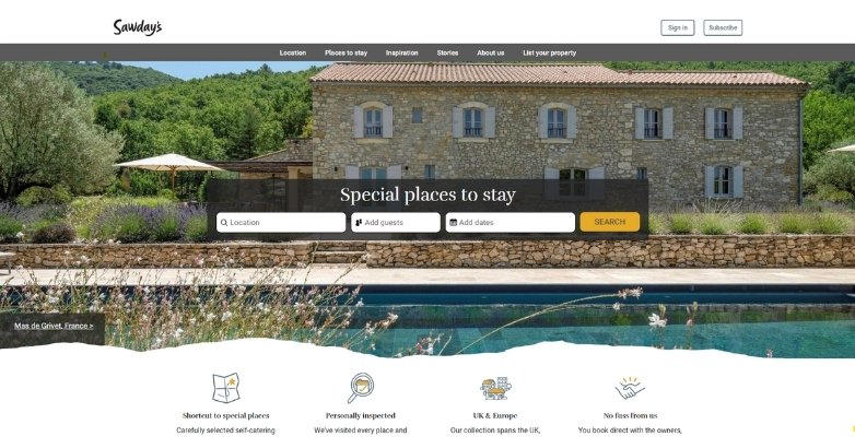 Sawday’s website design with villa hero, search bar, and luxury booking UX layout