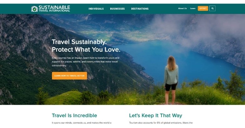 Sustainable travel website design with scenic mountain view and branding CTA