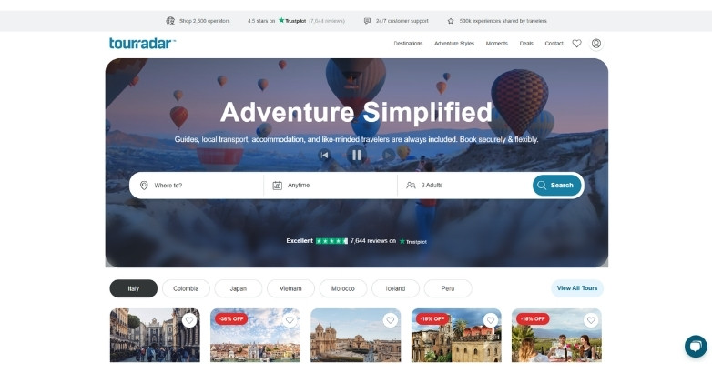 Travel website design for TourRadar featuring tour search, deals, and destination browsing