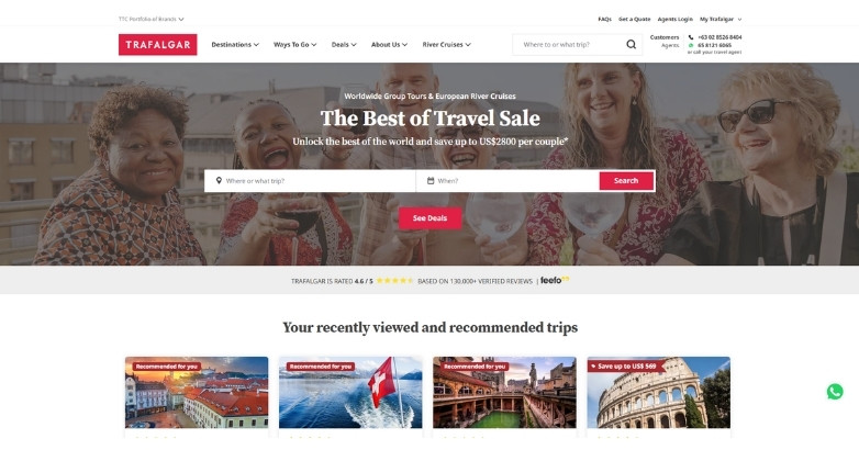 Travel website design for Trafalgar highlighting guided tours, deals, and trip search experience