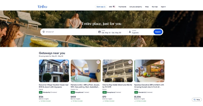 VRBO website design with search bar, listings, and conversion-focused UX