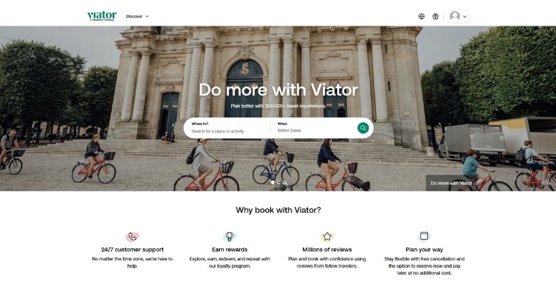 Travel website design for Viator highlighting tours, activities, and easy booking experience