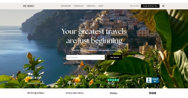 Travel website design for Zicasso highlighting custom luxury trips and curated travel experiences